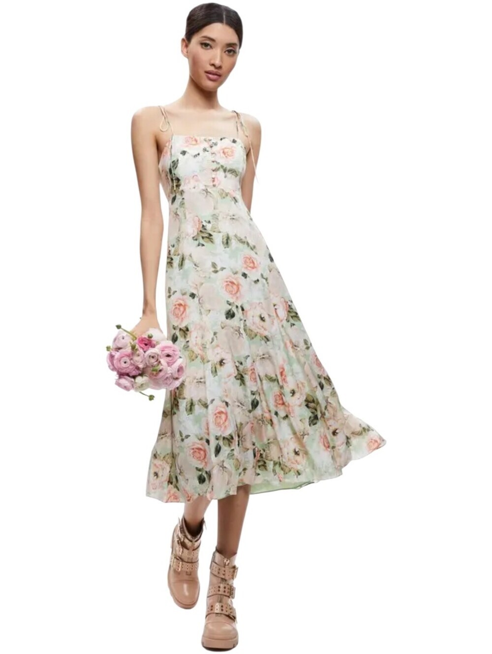Alice + Olivia Lorelle Godet Midi Dress Open Back Morningside Floral Pistachio